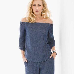 BLACK LABEL BY CHICO'S Women's Off Shoulder Chambray Top Size 1/S In Blue
